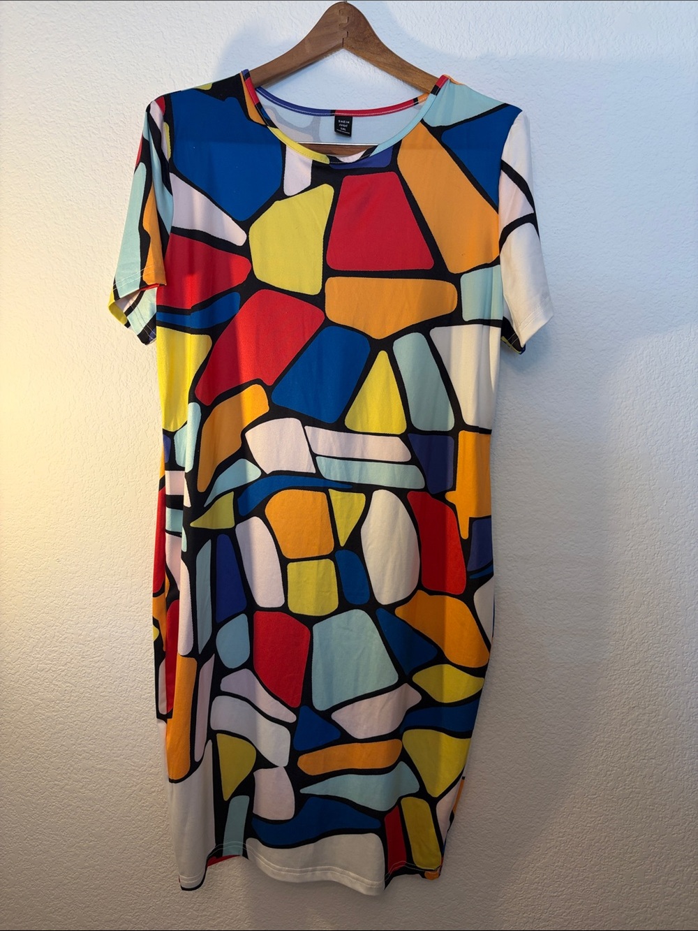 SHEIN Colorblock Mosaic Midi Dress in Red, Blue, Yellow, Orange, Cream